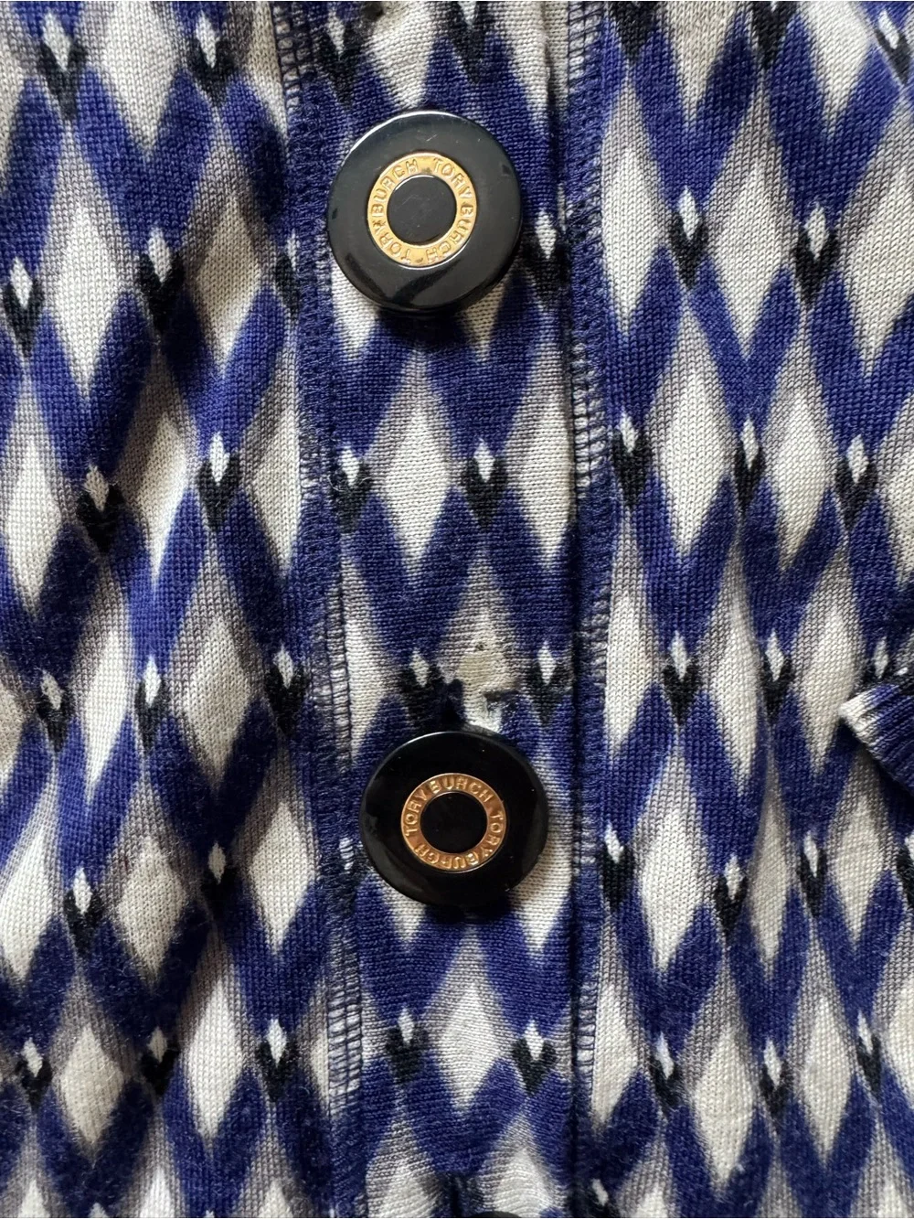 Tory Burch Navy and Cream Diamond Wool Knit Button Cardigan
